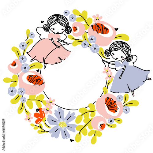 Cute forest fairy flying in pretty dress surrounded by flowers and leaves. Hand drawn cartoon of floral wreath and little girls with wings. Vector frame for kids design. Editable stroke