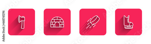 Set line Wooden axe, Igloo ice house, Hockey puck and Skates with long shadow. Red square button. Vector