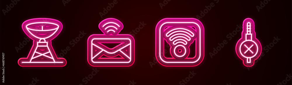 Set line Satellite dish, Mail and e-mail, Wi-Fi wireless internet and No audio jack. Glowing neon icon. Vector Set line Satellite dish, Mail and e-mail, Wi-Fi wireless internet and No audio jack. Glowing neon icon. Vector