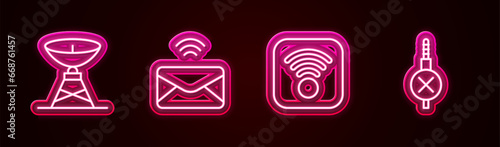 Set line Satellite dish, Mail and e-mail, Wi-Fi wireless internet and No audio jack. Glowing neon icon. Vector