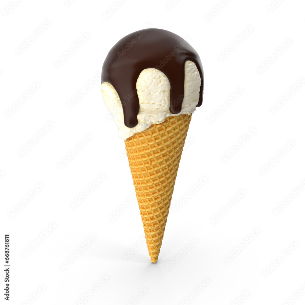 3D Cone ice cream mixed with vanilla and chocolate isolated white background. Waffle cone isolated 3D Cone ice cream mixed with vanilla and chocolate isolated white background. Waffle cone isolated
