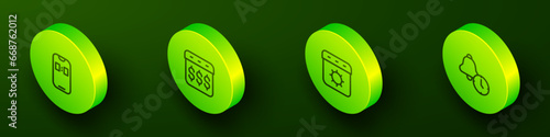 Set Isometric line Alarm clock app mobile, Payday, calendar with dollar, Calendar summer and icon. Vector