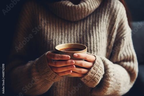 Woman in cozy sweater holding a big cup with coffee close up