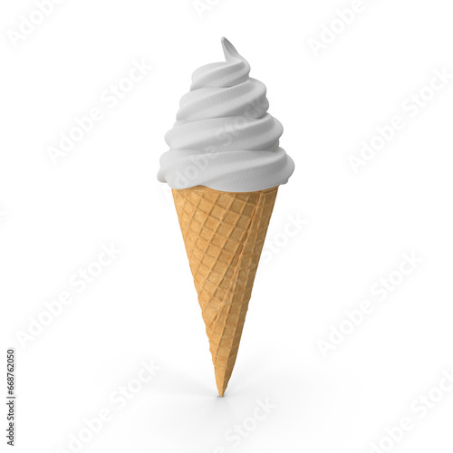 Realistic soft ice cream waffle cone. Soft serve ice cream, 3d rendering sundae swirl in wafer cone or machine vanilla ice cream. Fast food restaurant frozen dessert