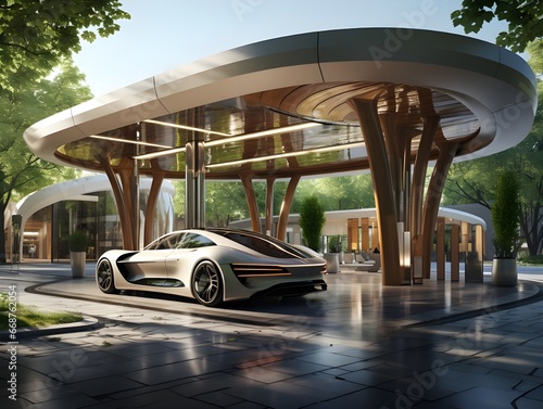 Concept Car Under Solar-Powered Pavilion
