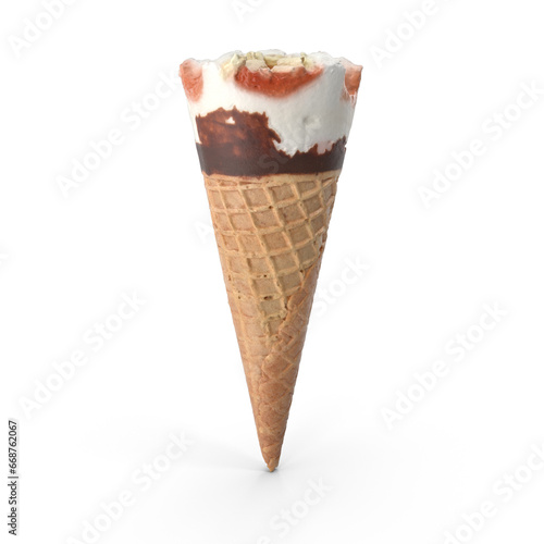 3D Cone ice cream mixed with vanilla and chocolate isolated white background. Waffle cone isolated