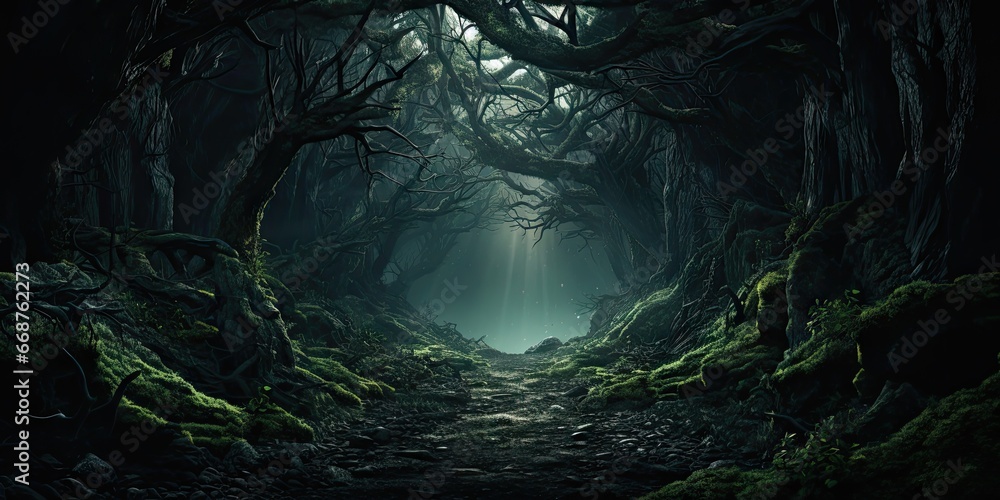 An eerie and mysterious forest in a parallel universe where the laws of nature differ from our own. Concept of extraterrestrial landscape by Generative AI - obrazy, fototapety, plakaty 