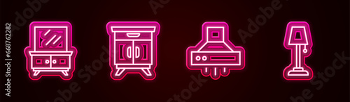 Set line Dressing table, Furniture nightstand, Kitchen extractor fan and Floor lamp. Glowing neon icon. Vector