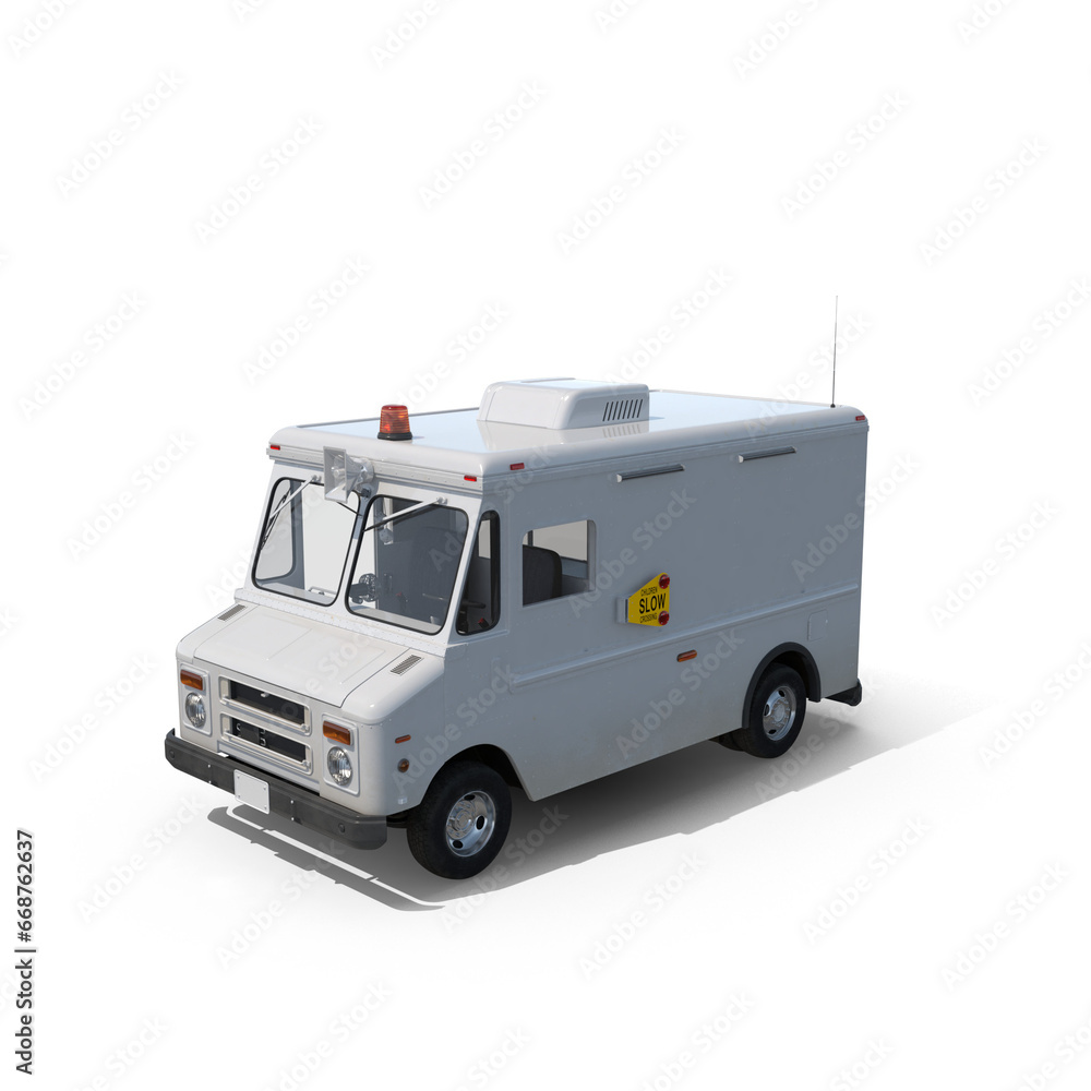 Naklejka premium Empty Ice cream delivery pickup truck 3D rendering, Ice cream truck, mobile fair trade ice cream van, White street food van