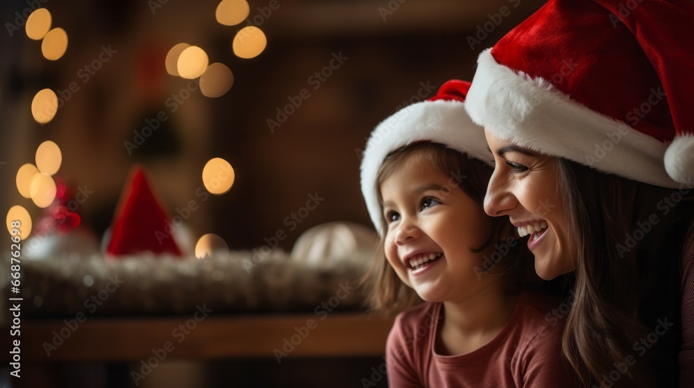Portrait of a happy mother and her little daughter celebrating Christmas at home Portrait of a happy mother and her little daughter celebrating Christmas at home
