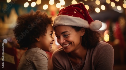 Portrait of a happy african american mother and her little daughter celebrating Christmas at home