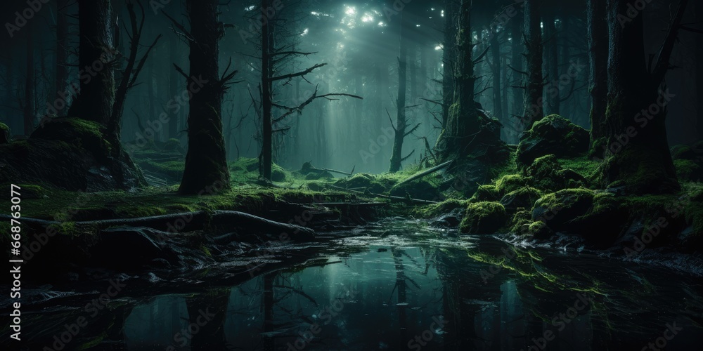 Naklejka premium An eerie and mysterious forest in a parallel universe where the laws of nature differ from our own. Concept of extraterrestrial landscape by Generative AI