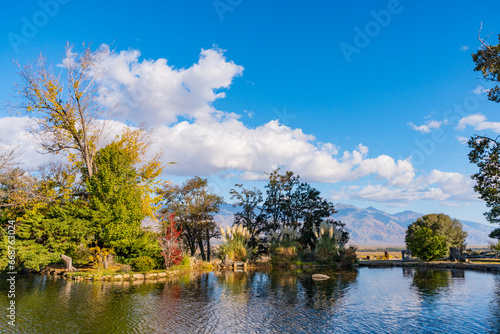 Pond and plants during the Autumn season at the Mt Whitney Fish Hatchery outside of Lone Pine California at the foothills of the Sierra Nevada Mountains.