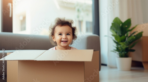 Toddler baby inside a box. Moving in concept. New home or relocation, investment