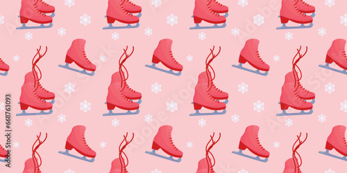 seamless Winter background. Ice skates for figure skating. Winter sport. Vector Red skates on pink background.