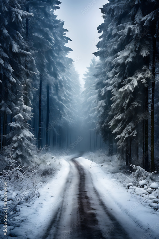 Paisaje de bosque de abetos en invierno, cubierto de nieve, niebla atravesado por una carretera solitaria Paisaje de bosque de abetos en invierno, cubierto de nieve, niebla atravesado por una carretera solitaria