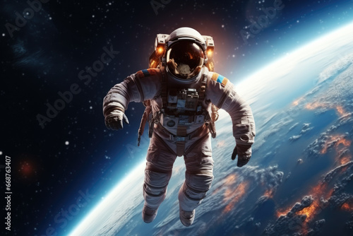 astronaut in a spacesuit moves in outer space against the backdrop of the planet.