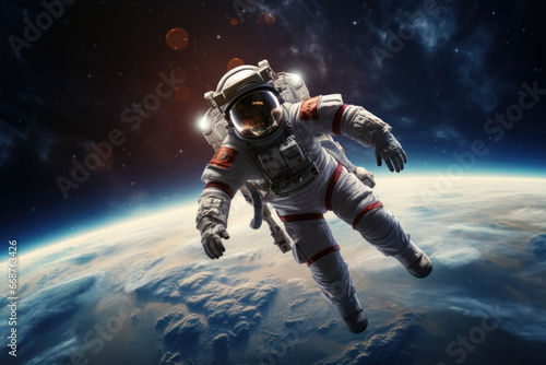 astronaut in a spacesuit in outer space against the backdrop of the Earth. Beautiful panorama.
