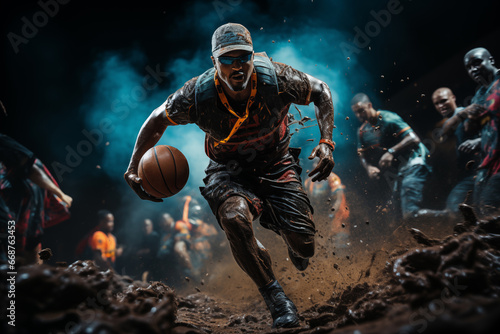 Man with basketball gracefully executing intricate moves with abstract background showcasing the sport's elegance and athleticism on world basketball day, 21 December