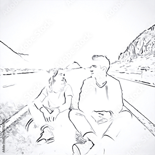 A man and a woman are sitting on a road among the mountains and looking at each other