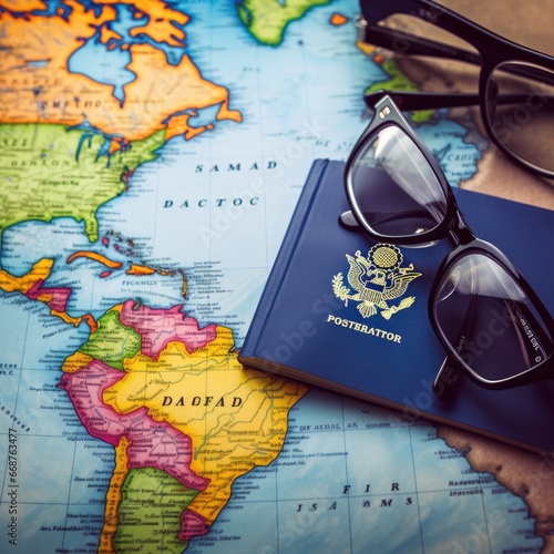 passport on a map with glasses