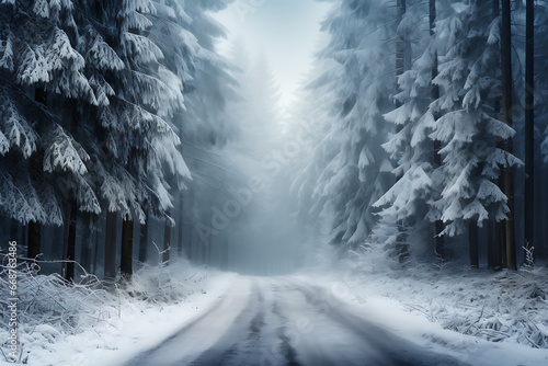 Paisaje de bosque de abetos en invierno, cubierto de nieve, niebla atravesado por una carretera solitaria photo