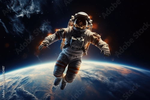 astronaut in a spacesuit in orbit in open space against the backdrop of the planet