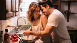 Happy couple cooking together in the kitchen of their new home. Concept of love on valentine's day.