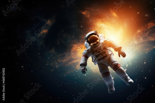 astronaut in a spacesuit flies in outer space against the backdrop of beautiful cosmic lights.
