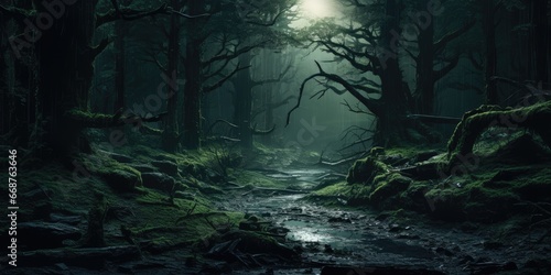 An eerie and mysterious forest in a parallel universe where the laws of nature differ from our own. Concept of extraterrestrial landscape by Generative AI