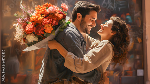 Romantic scene of a couple embracing and giving a bouquet of flowers.
