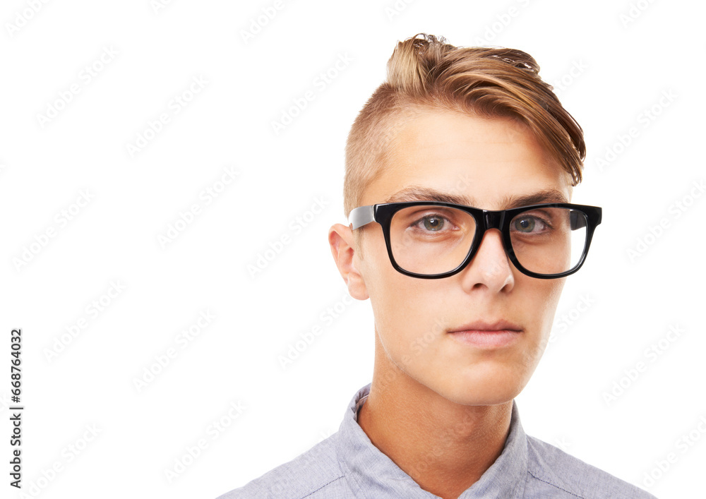 Glasses, optometry and portrait of man in a studio with confused, doubt or squinting facial expression. Vision, health and young male person with spectacles or eyewear isolated by white background.