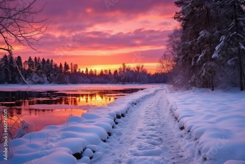 Beautiful landscape of winter sunset. Stunning winter road between the lake and snowy forest. © Evgeniia