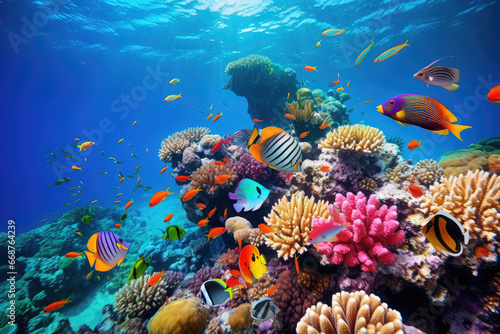 Underwater with colorful sea life fishes and plant at seabed background, Colorful Coral reef landscape in the deep of ocean. Marine life concept, Underwater world scene.