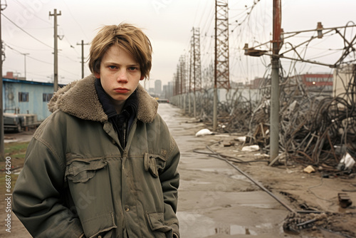 teenager from a poor family against the backdrop of a poor area of the city.