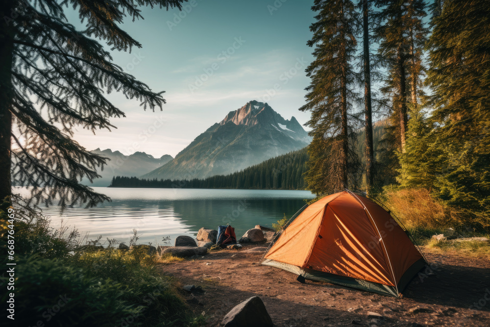 Tent in a clearing in the forest against the backdrop of a beautiful lake and mountains. Hiking and travel concept.