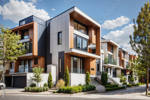 Street with modern modular private townhouses. Appearance of residential architecture © Abdul