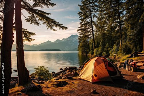 Camping. Tent in a clearing in the forest against the backdrop of a beautiful lake and mountains. Hiking and travel concept.