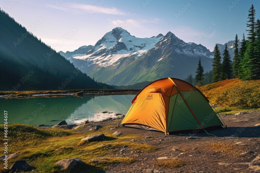 Tent on the shore of a lake against the backdrop of a beautiful forest and mountains. Hiking and travel concept.