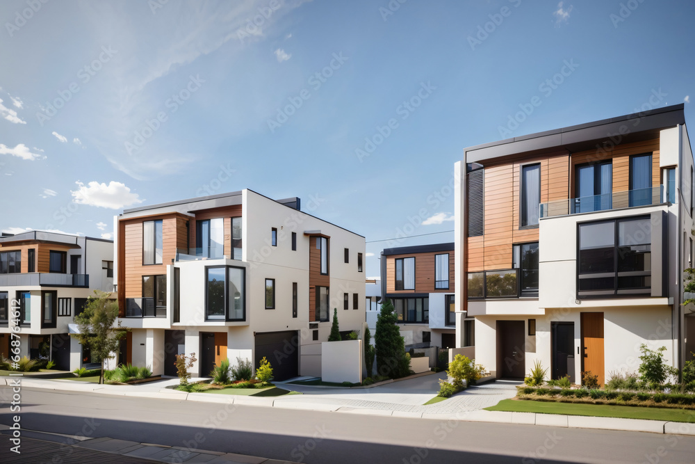 Street with modern modular private townhouses. Appearance of residential architecture - obrazy, fototapety, plakaty 