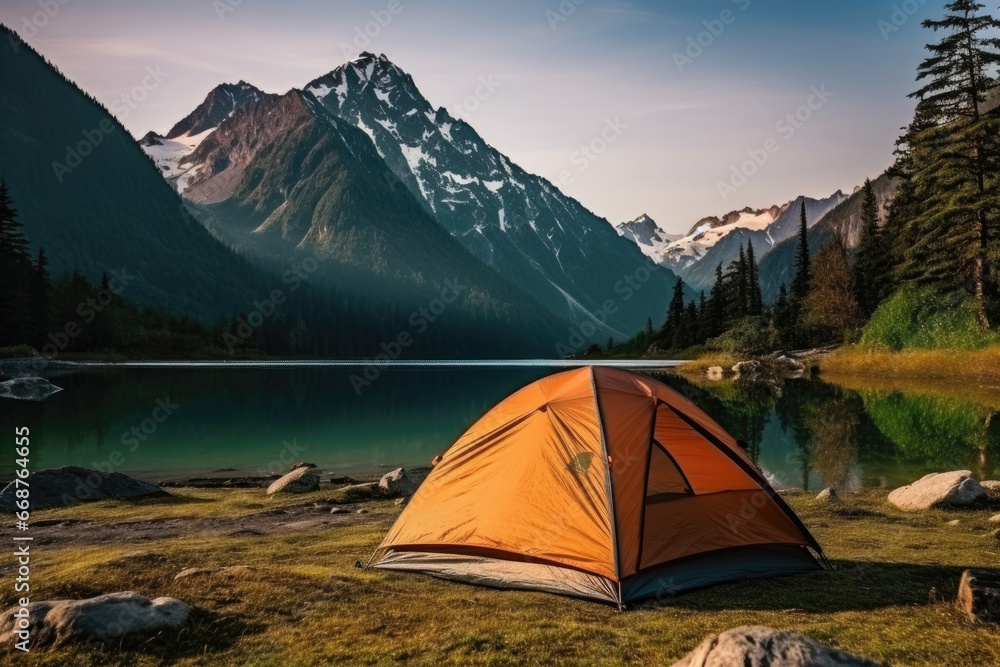 Tent on the shore of a lake against the backdrop of a beautiful forest and mountains.