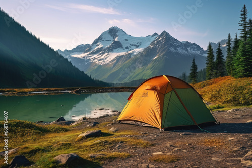 Tent on the shore of a lake against the backdrop of a beautiful forest and mountains. Hiking and travel concept.