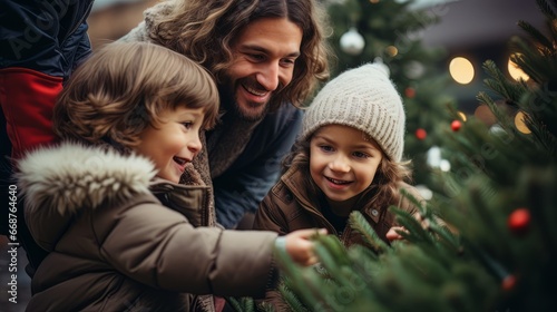 Happy dad with two kids decorates a Christmas tree together. Merry Christmas family holiday. Horizontal banking poster background for advertisement. Photo AI Generated