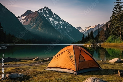 Tent on the shore of a lake against the backdrop of a beautiful forest and mountains. © Evgeniia