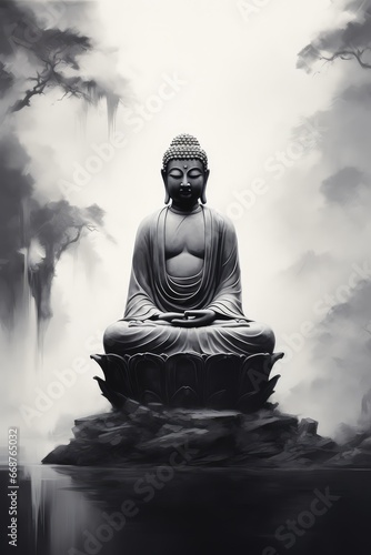 black and white statue of buddha background - generative ai