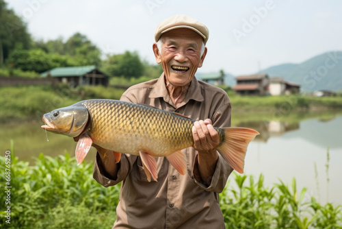 Man fisherman with a big caught fish in his hands.