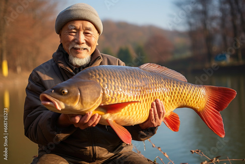 Smiling elderly Asian Fisherman holding a fish with lake on the background.