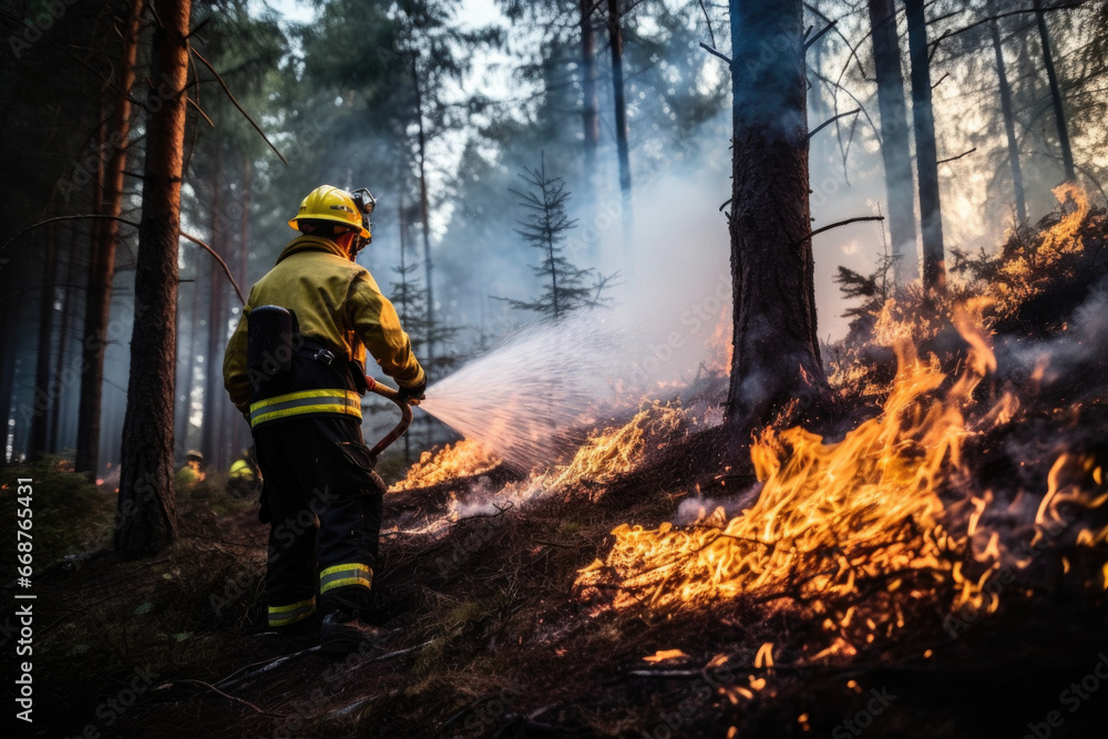 Firefighters extinguish a forest fire. Firefighters extinguish a forest fire.