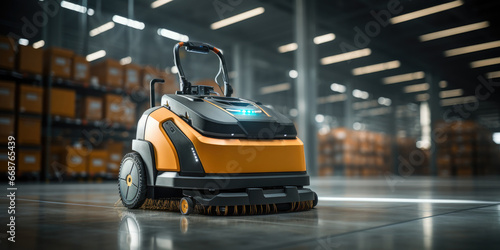 Yellow automatic robot for cleaning and cleaning warehouse or premises. Generative AI