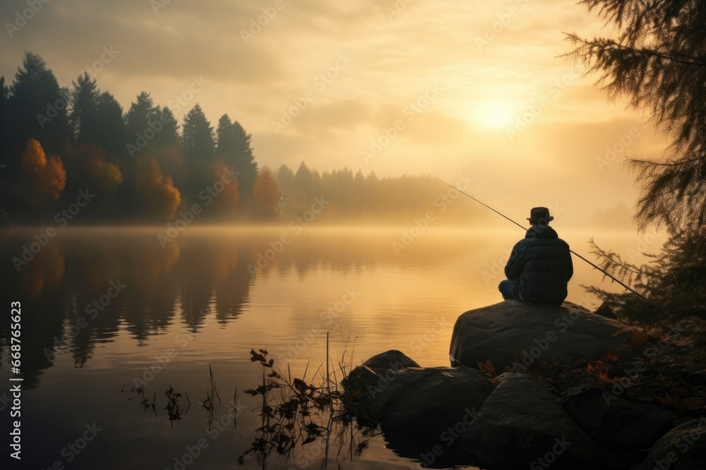fisherman catches fish with a fishing rod against the backdrop of a beautiful landscape of a lake and forest. - obrazy, fototapety, plakaty 